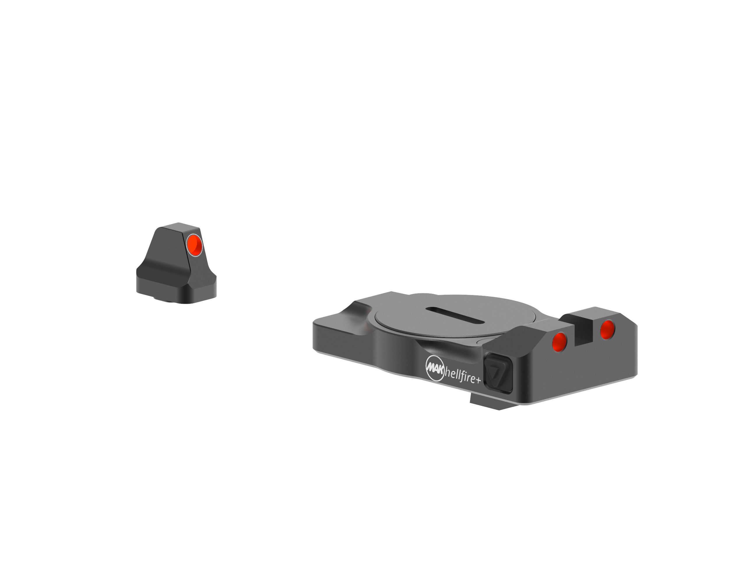 Front quarter view of the MAKhellfire optic mounted to a Glock slide.