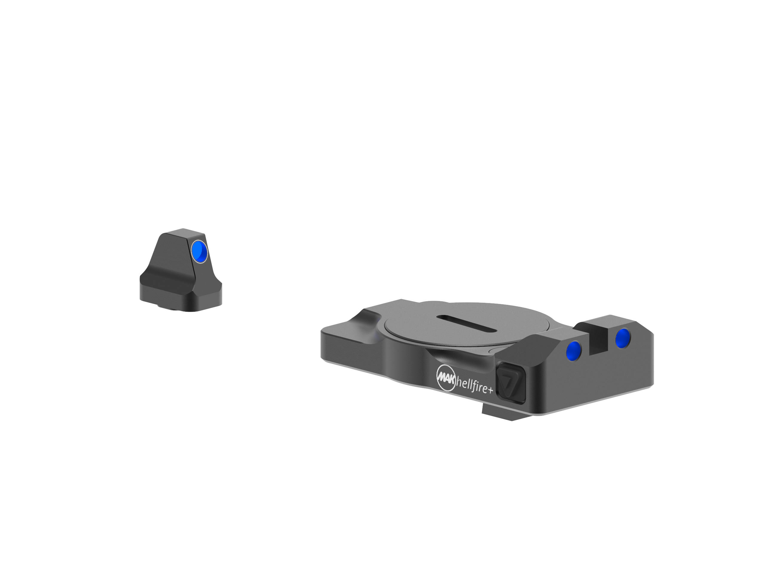 Rear sight detail showing dual-color illumination on the MAKhellfire optic.